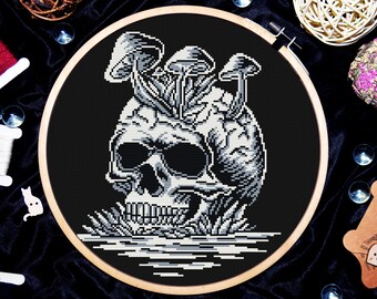 Gothic cross stitch, Skull with amanita mushrooms cross stitch pattern, Dust to dust cross stitch, Occult cross stitch, Digital download PDF