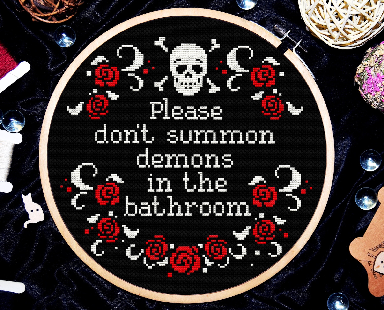 Gothic Cross Stitch Pattern, Please Don't Summon Demons in the Bathroom ...