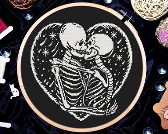 Gothic Skeleton Lovers Cross Stitch Pattern – Romantic Halloween Embroidery PDF – Dark Couple Needlework Design