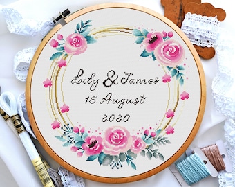 Punto de cruz de boda, Punto de cruz de corona de flores, Punto de cruz de amor, Novia de compromiso personalizada personalizada, Regalo de boda DIY, PDF digital