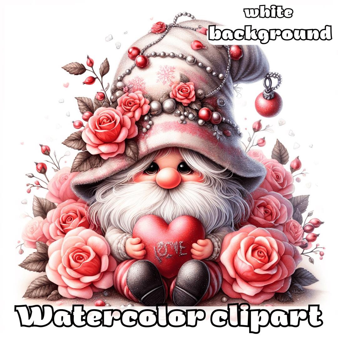 Valentine Gnome Watercolor Clipart Set Cute Gnomes Hearts Love Digital ...