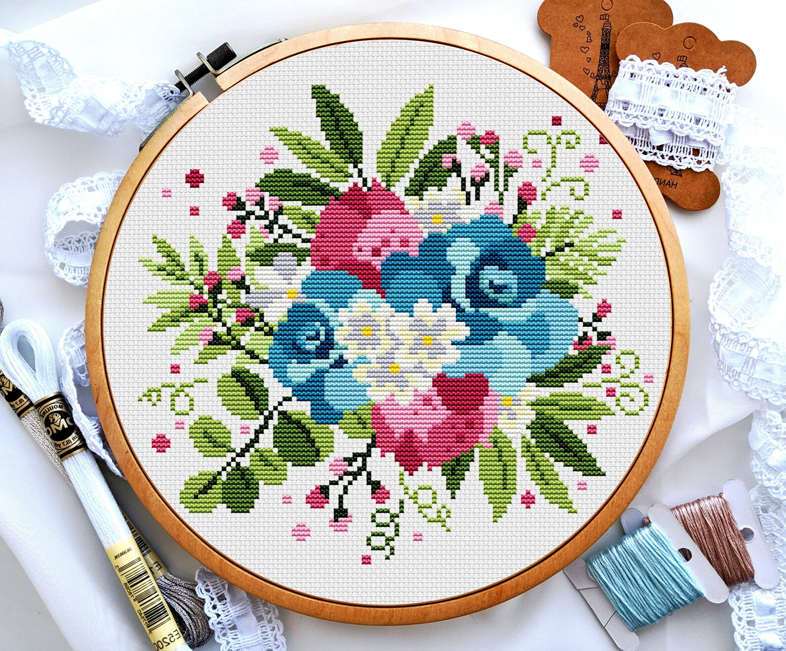 Blue Roses Cross Stitch, Cross Stitch Flowers, Flower Bouquet Cross ...