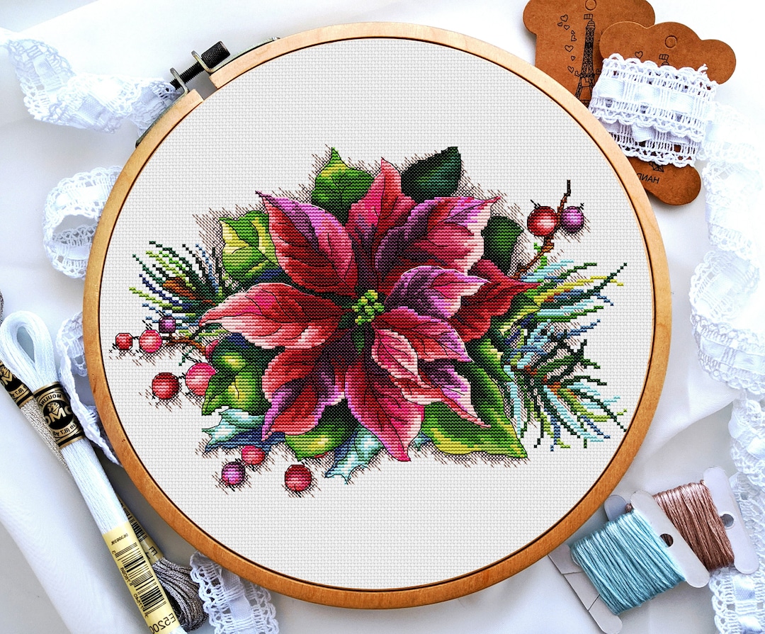 Christmas Poinsettia Cross Stitch Pattern, Winter Flower Bouquet Cross