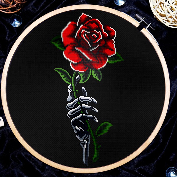 Gothic cross stitch, Skeleton hand with red rose, Cross stitch flowers, Anatomy cross stitch, Beginner cross stitch pattern, Digital PDF