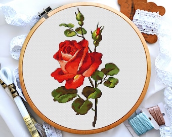 Red roses cross stitch, Cross stitch flowers, Flower bouquet cross stitch, Cross stitch pattern easy, Digital PDF