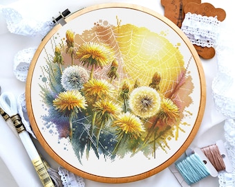 Löwenzahn Feld Kreuzstich PDF Muster, Blumen Landschaft Stickmuster, einfache druckbare Tabelle, DIY Home Wand Kunst Nadelspitze