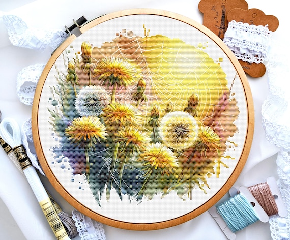 Dandelion Field Cross Stitch PDF Pattern, Floral Landscape Embroidery Design, Easy Printable Chart, DIY Home Wall Art Needlepoint