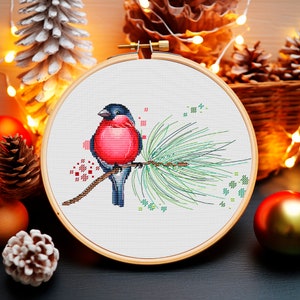 Bullfinch cross stitch, Birds cross stitch, Christmas cross stitch, Christmas trees cross stitch, Winter cross stitch, Digital PDF