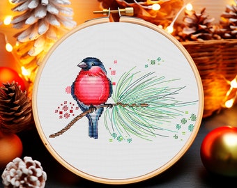 Dompfaff Kreuzstich, Vogel Kreuzstich, Weihnachts Kreuzstich, Weihnachtsbäume Kreuzstich, Winter Kreuzstich, Digitales PDF