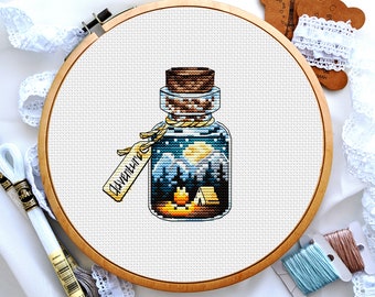 Landscape cross stitch patterns, Camping cross stitch, Moon lights, Mountain and forest in bottle, Night sky cross stitch, Digital PDF