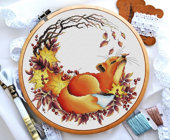 Fox cross stitch, Animals cross stitch, Fall cross stitch, Autumn wreath cross stitch, Сounted cross stitch, Digital PDF