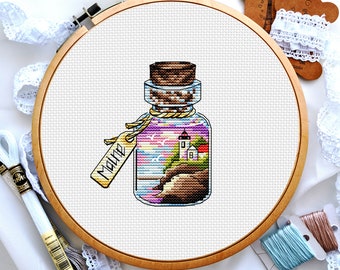 Maine state cross stitch, Bass harbor head lighthouse in bottle cross stitch, Small cross stitch, Landscape cross stitch, Digital PDF
