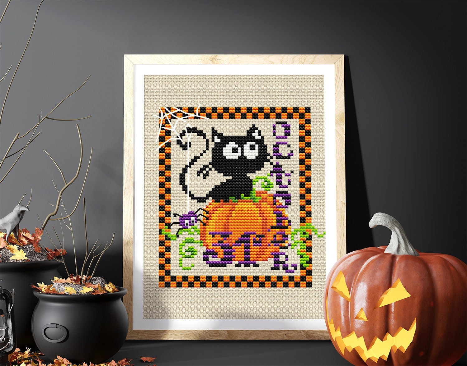 Black Cat Cross Stitch Pattern Pdf, Halloween Cat Cross Stitch, Pumpkin ...