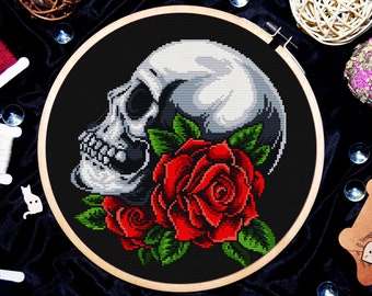 Gothic cross stitch, Skull with roses cross stitch pattern, Occult cross stitch, Rose cross stitch, Death cross stitch, Digital download PDF