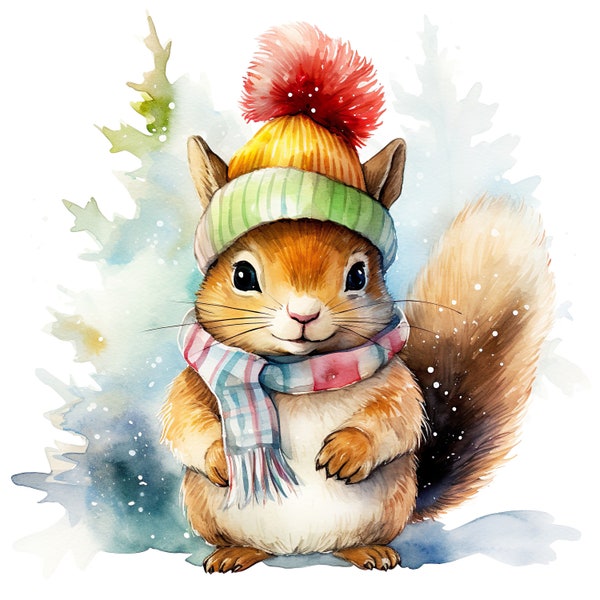 15 JPG Christmas squirrel, Watercolor animals, Watercolour Christmas clipart, Christmas bundle, Winter clipart, Watercolor print