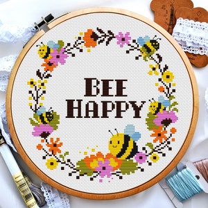 Cross stitch positive quote, Bee happy cross stitch, Funny little bee cross stitch, Cross stitch flowers wreath, Digital PDF