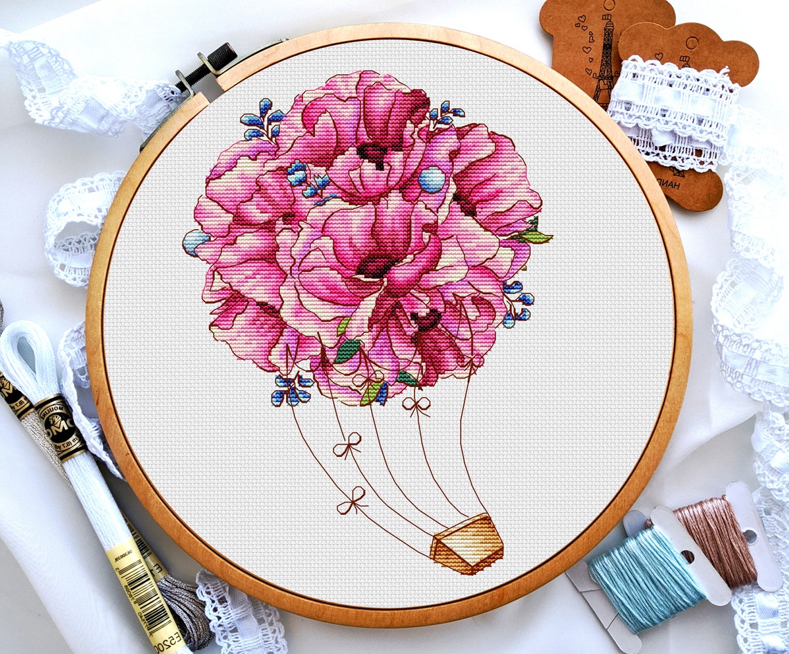 Flower Balloon Cross Stitch Pink Poppy Cross Stitch Flower Etsy