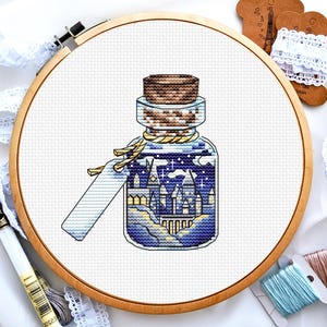 Puede incluir: Un aro de bordado de punto de cruz con una botella azul y blanca con un tapón de corcho. La botella contiene una escena de un castillo con un cielo nocturno estrellado. La botella está etiquetada con una etiqueta blanca.