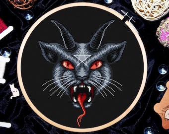 Gothic cross stitch, Lucifer сat cross stitch, Satan cross stitch, Pentacle cross stitch pattern, Beginner cross stitching, Digital PDF