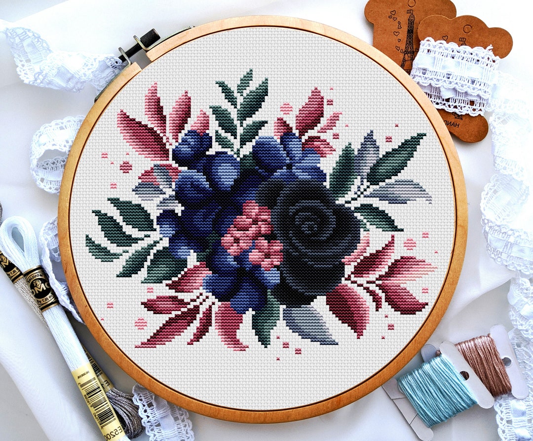 Black Roses Cross Stitch, Flowers Cross Stitch Pattern, Flower Bouquet ...