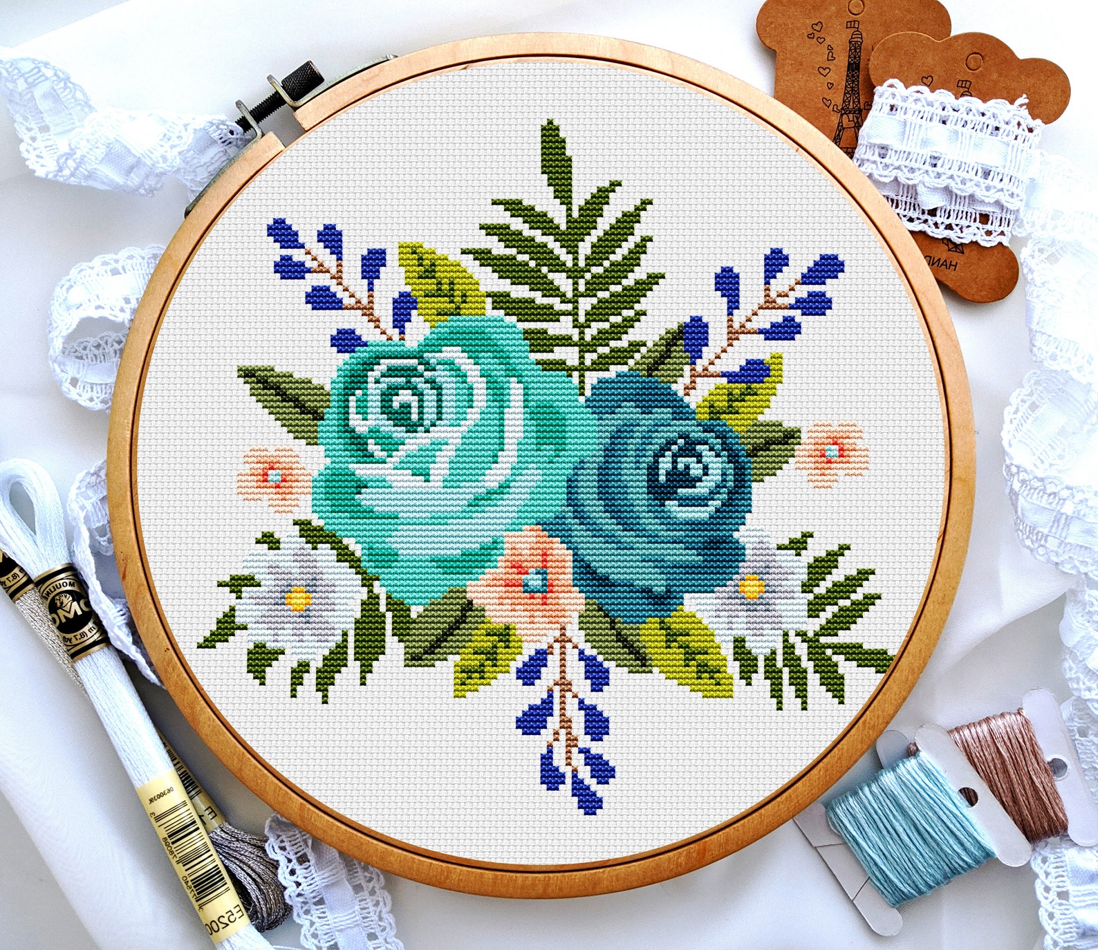 Blue Roses Cross Stitch, Cross Stitch Flowers, Flower Bouquet Cross ...