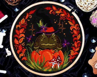 Halloween Kreuzstichmuster, Frosch Kreuzstich, Kürbis Kreuzstich, Gothic Kreuzstich, Herbst Kreuzstich, Digital download PDF