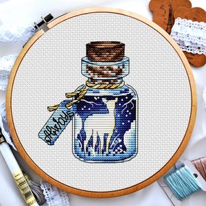 May include: A glass bottle with a cork stopper filled with a blue liquid and white stars. The bottle has a tag that says "SHAVOUS" on it.