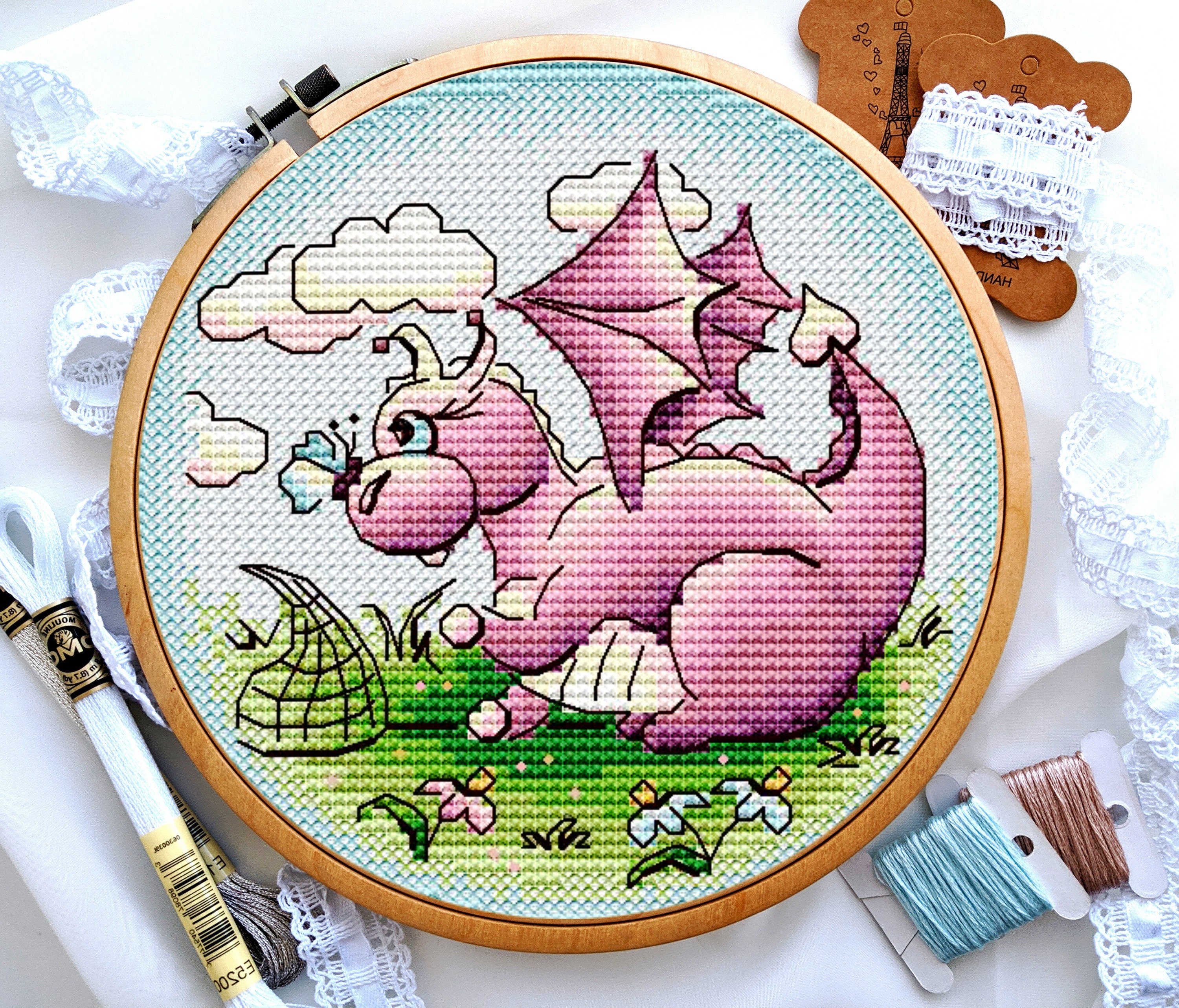 Funny little dragon cross stitch pattern, Pink dragon cross stitch, Animals  cross stitch, Small cross stitch, Digital PDF, image size:3000x2565