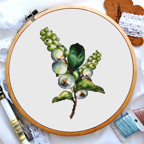 Snowberry cross stitch, Winter cross stitch, Flowers cross stitch, Nature cross stitch, Beginner cross stitching, Digital download PDF