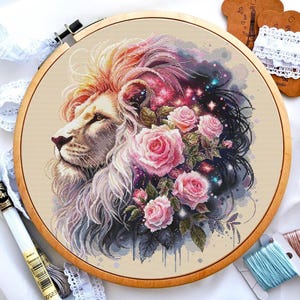 Realistic Lion Cross Stitch Pattern PDF, Floral Rose Embroidery Chart, Beginner Friendly Animal Design, Printable DMC Threads