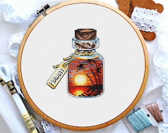 Hawaii state cross stitch, Sunset in bottle cross stitch, Tropical beach cross stitch, Summer landscape cross stitch, Digital PDF