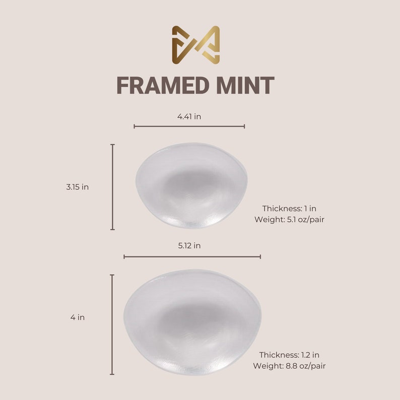 May include: Two clear silicone bra inserts, one measuring 4 inches in diameter and 1.2 inches thick, and the other measuring 3.15 inches in diameter and 1 inch thick. The larger insert weighs 8.8 ounces per pair, and the smaller insert weighs 5.1 ounces per pair.