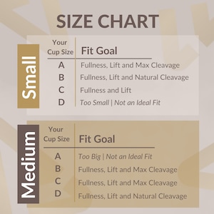 May include: A size chart for bras, showing the fit goal for different cup sizes in small and medium sizes. The chart shows that a cup size A in a small bra is too small, while a cup size A in a medium bra is too big. The chart also shows that a cup size D in a small bra is too small, while a cup size D in a medium bra is a good fit.