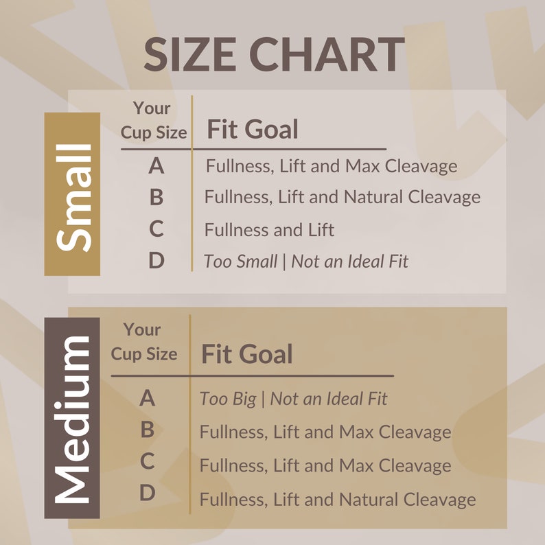 May include: A size chart for bras, showing the fit goal for different cup sizes in small and medium sizes. The chart shows that a cup size A in a small bra is too small, while a cup size A in a medium bra is too big. The chart also shows that a cup size D in a small bra is too small, while a cup size D in a medium bra is a good fit.