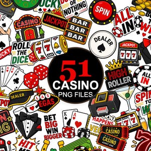 Op de afbeelding: Een verzameling van 51 digitale illustraties met casinothema, waaronder gokautomaten, speelkaarten, rode dobbelstenen, pokerfiches, een smoking, een martiniglas en tekstelementen zoals Jackpot, Spin, Dealer, High Roller en Casino PNG Files.