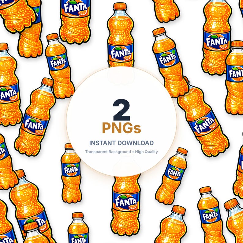 May include: A digital illustration featuring multiple bottles of Fanta soda against a white background. The bottles are orange with blue and orange labels. The image includes the text "2 PNGs" and "INSTANT DOWNLOAD".