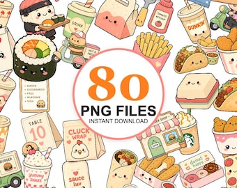 Kawaii Fast Food Clipart-Bundle, 80 niedliche PNG-Bilder von Lieferdiensten, Take-away-Behältern, Getränkeautomaten, Restaurantessen, Kawaii Foodie-Cliparts