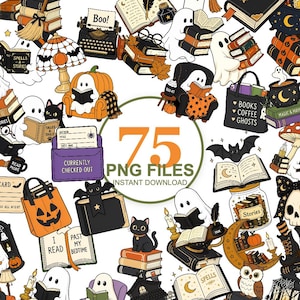 Puede incluir: Una colección de 75 ilustraciones digitales con fantasmas, gatos negros, calabazas, libros y elementos de Halloween. El texto central dice 75 PNG FILES INSTANT DOWNLOAD. Los gráficos incluyen fantasmas leyendo, una bolsa de tela con la etiqueta BOOKS COFFEE GHOSTS y un bolsillo para tarjeta de biblioteca con la etiqueta CURRENTLY CHECKED OUT.