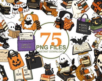 Puede incluir: Una colección de 75 ilustraciones digitales con fantasmas, gatos negros, calabazas, libros y elementos de Halloween. El texto central dice 75 PNG FILES INSTANT DOWNLOAD. Los gráficos incluyen fantasmas leyendo, una bolsa de tela con la etiqueta BOOKS COFFEE GHOSTS y un bolsillo para tarjeta de biblioteca con la etiqueta CURRENTLY CHECKED OUT.