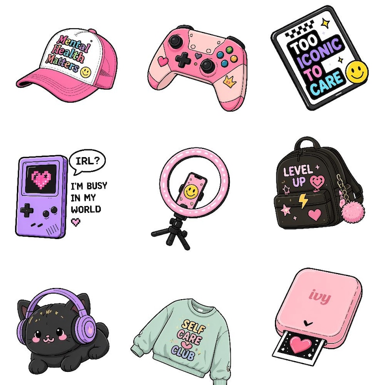 May include: A collection of nine illustrated stickers featuring a pink trucker hat with text, a pink game controller, a tablet with text, a purple handheld game console, a ring light with a phone, a black backpack, a black cat with headphones, a sweatshirt, and a pink photo printer.