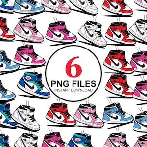May include: A repeating pattern of high-top trainers in various colourways including red, blue, pink, and white, featuring black laces and swoosh logos. A central circular graphic contains the red text 6 PNG FILES INSTANT DOWNLOAD.
