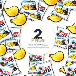 Op de afbeelding: Een digitale illustratie met zakken Cape Cod kettle-cooked chips en losse chips verspreid. De afbeelding bevat de tekst "2 PNG's" en "Direct downloaden" op een witte achtergrond.