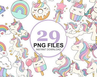 Cute Unicorn Clipart PNG Bundle | 29 Pastel Rainbow, Unicorn Desserts & Party Elements | Kawaii Digital Clipart Set | Commercial Use
