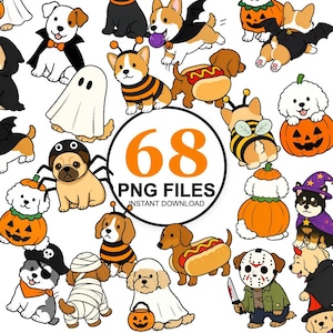 Może przedstawiać: Kolekcja 68 cyfrowych ilustracji przedstawiających różne rasy psów w kostiumach na Halloween, w tym duchy, dynie, pszczoły, hot dogi i postacie z horrorów, z tekstem 68 PNG FILES INSTANT DOWNLOAD pośrodku.