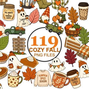 May include: A collection of fall-themed digital illustrations featuring ghosts, pumpkins, foxes, autumn leaves, coffee cups, a truck, and a signpost. The central text reads 119 COZY FALL PNG FILES, surrounded by various seasonal icons in orange, green, and brown.