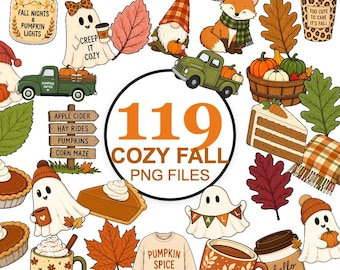 Fall Clipart Mega Bundle PNG | Cozy Autumn Clipart | Pumpkin Spice, Ghosts, Sweaters, Coffee, Animals, Leaves | Commercial Use
