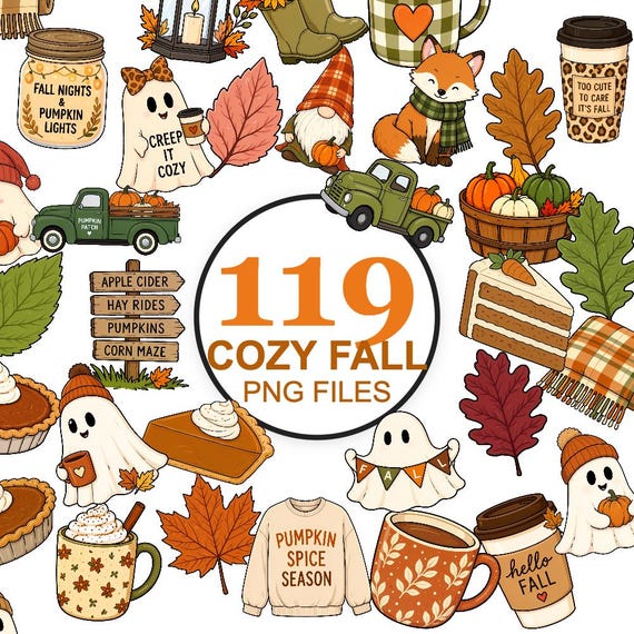 Fall Clipart Mega Bundle PNG | Cozy Autumn Clipart | Pumpkin Spice, Ghosts, Sweaters, Coffee, Animals, Leaves | Commercial Use