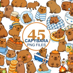 Op de afbeelding: Een verzameling van 45 capybara-illustraties met diverse bruine capybara's in verschillende houdingen, waaronder met sinaasappels, hoeden, dekens, een boot en een kampvuur, met de tekst 45 CAPYBARA PNG FILES in een oranje cirkel.