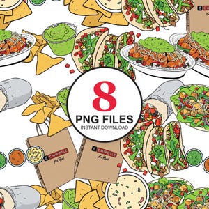 May include: Seamless pattern featuring various Mexican food items, including tacos, burritos, bowls, chips, guacamole, and sauces. The image includes the text "8 PNG FILES INSTANT DOWNLOAD" and Chipotle bags.