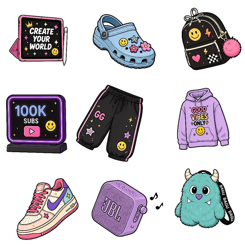 May include: A collection of illustrated items including a tablet with the text CREATE YOUR WORLD, a light blue clog, a black backpack with a smiley face, a 100K SUBS sign, black sweatpants, a purple hoodie, a sneaker, a purple speaker, and a blue monster bag.